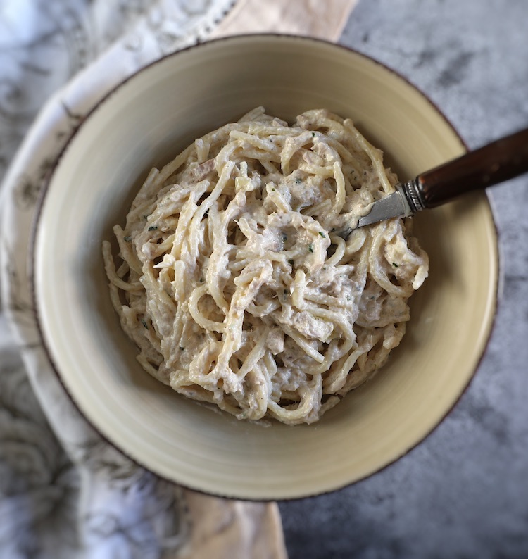 Creamy tuna pasta in a dish bowl