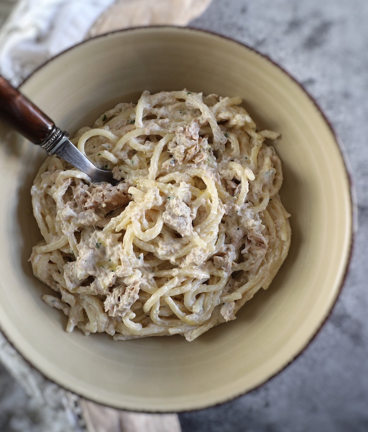 Creamy tuna pasta in a dish bowl