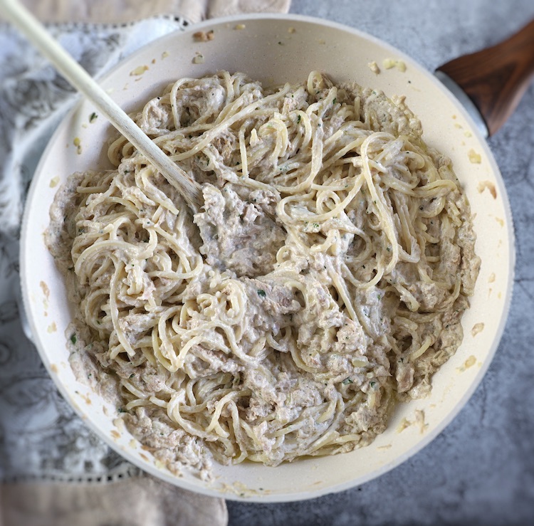 Creamy tuna pasta in a frying pan