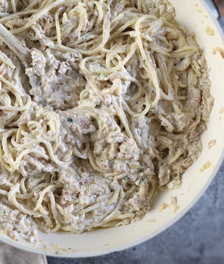 Creamy tuna pasta in a frying pan