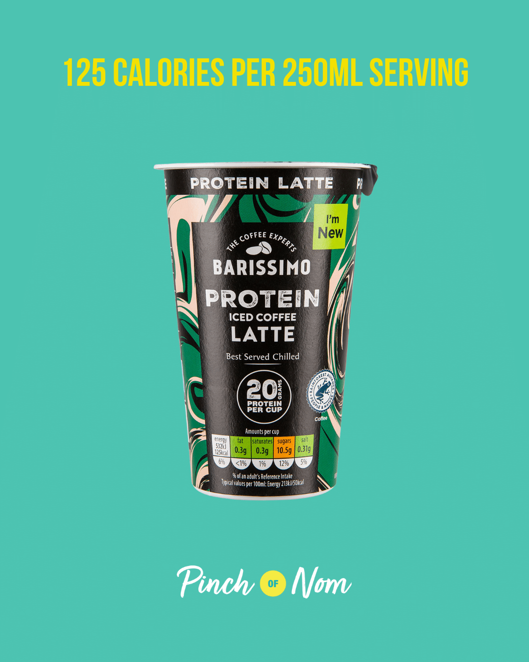 Barissimo Latte Protein Iced Coffee featured in Pinch of Nom's Weekly Pinch of Shopping with the calorie count printed above (125 calories per 250ml serving).