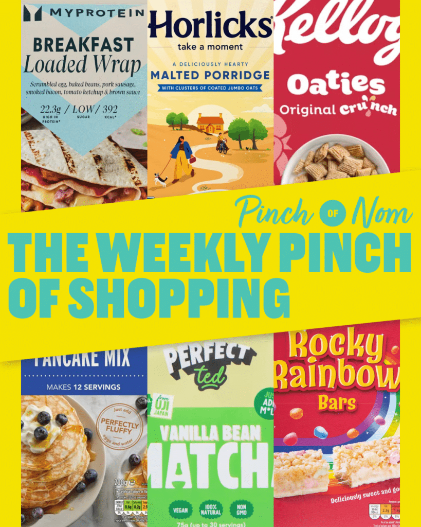 Six of the products from the Weekly Pinch of Shopping in a grid format. There is a banner spread across the centre of the image that features the Pinch of Nom logo, and 'The Weekly Pinch of Shopping' in bold letters.