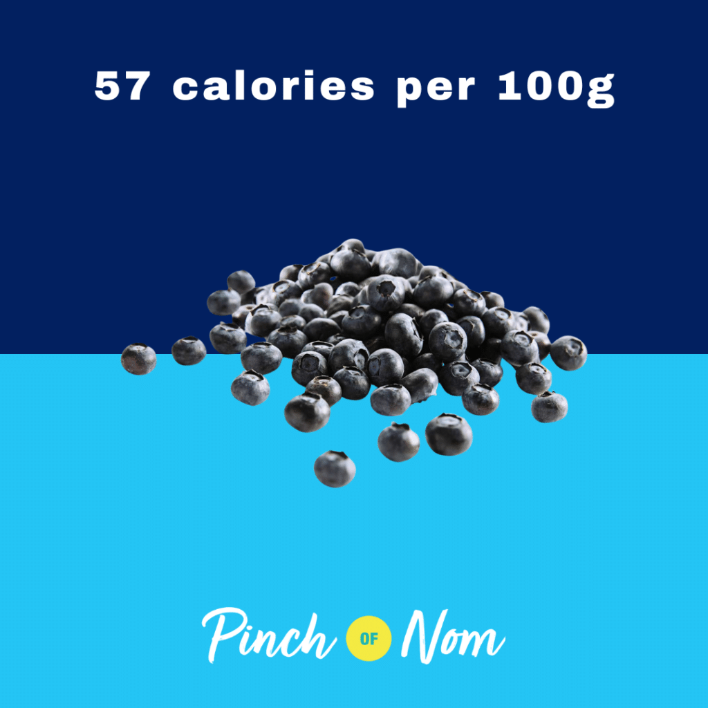 Blueberries from Aldi's Super 6 selection, featured in Pinch of Nom's Weekly Pinch of Shopping with calories above (57 calories per 100g).