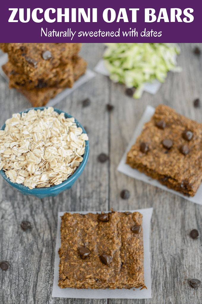 Zucchini Oatmeal Chocolate Chip Bars 32 These high fiber Zucchini Oat Bars are naturally sweetened with dates. Top them with peanut butter for a quick, kid-friendly breakfast or snack!